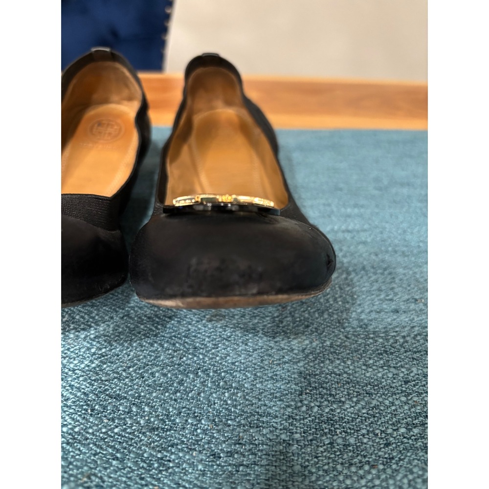 Tory Burch Reva Black Leather Ballet Flats Gold Logo Medallion Shoes - Picture 6 of 7